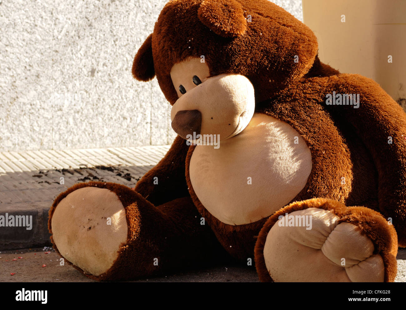 A stuffed bear thrown out in the trash in the Costa Brava. Stock Photo