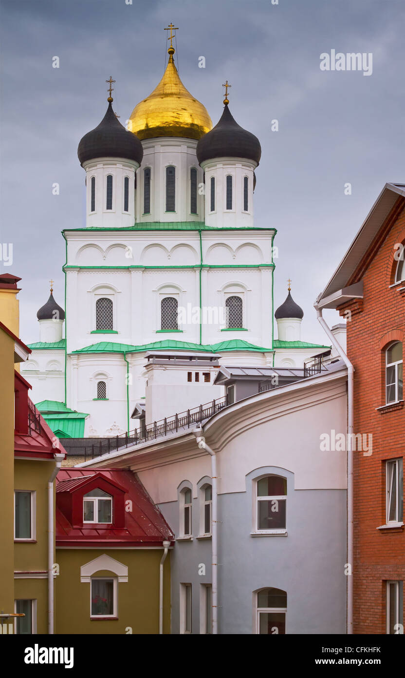 The Holy Trinity Cathedral in Pskov, view from Zapskoviye. Stock Photo