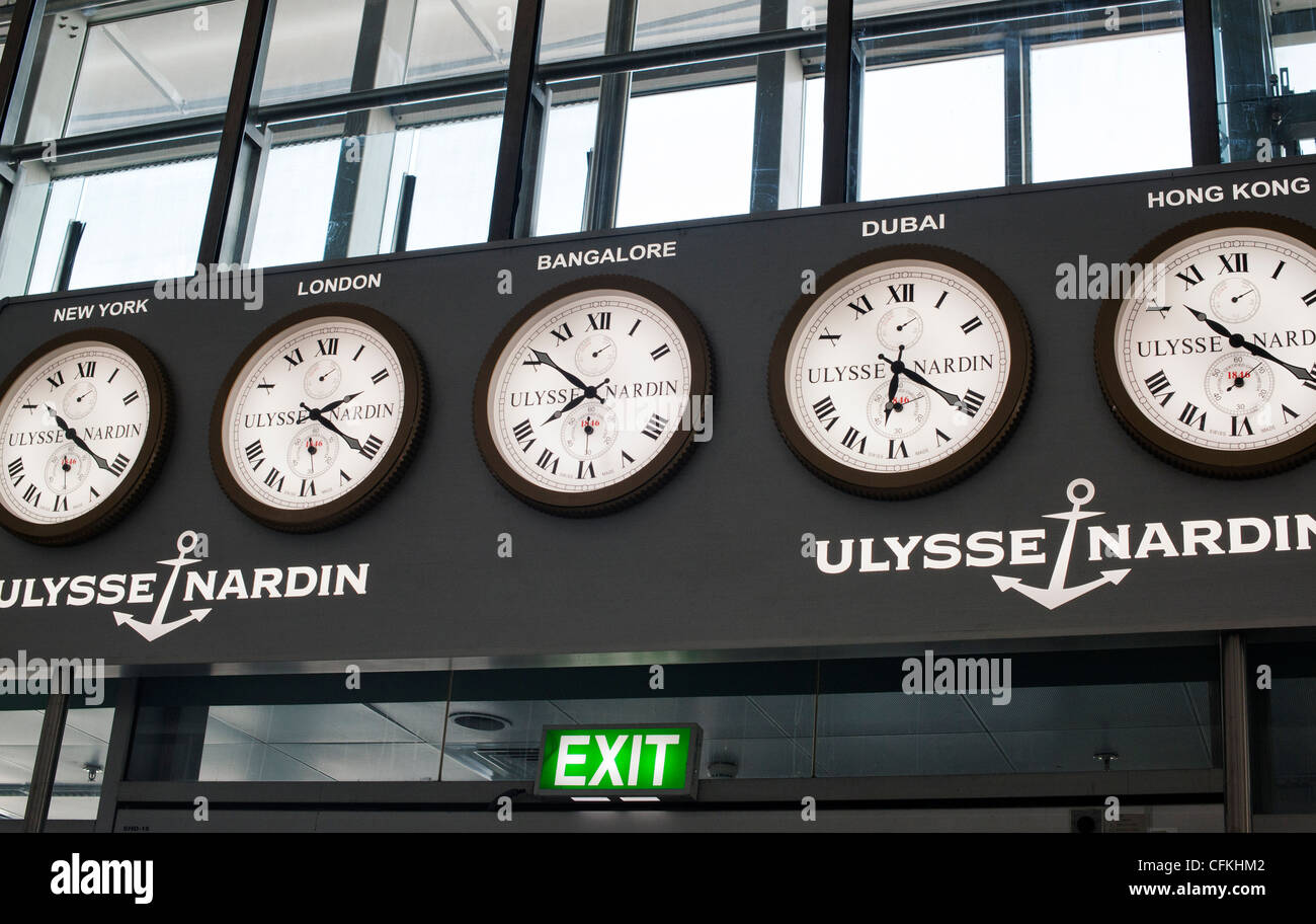 International time clocks in Bangalore (Bengaluru) airport depature lounge. India Stock Photo