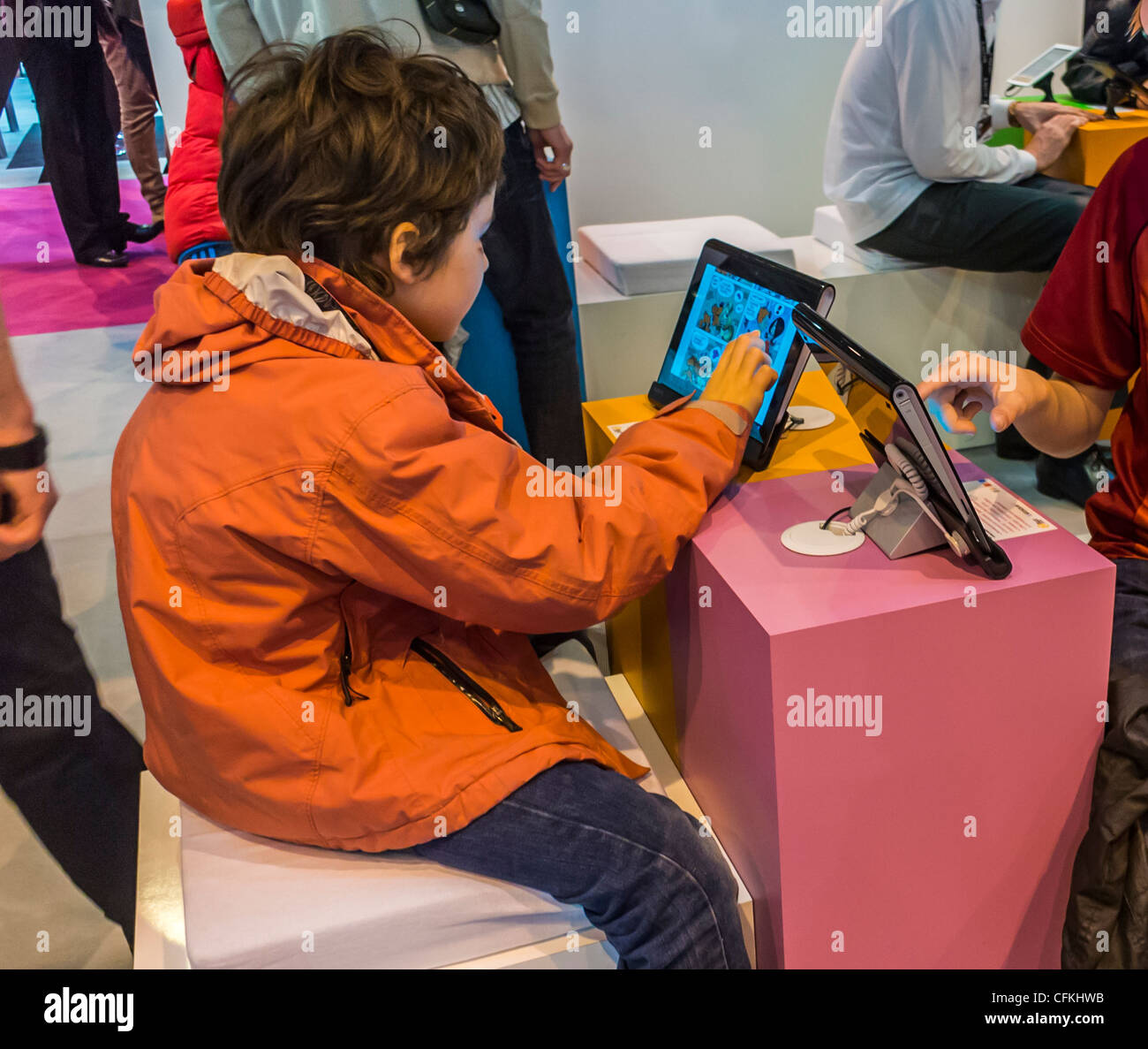 Paris, France, People using new exciting technology. Salon du Livre, Book Fair, Sony Tablets, publishing business Stock Photo