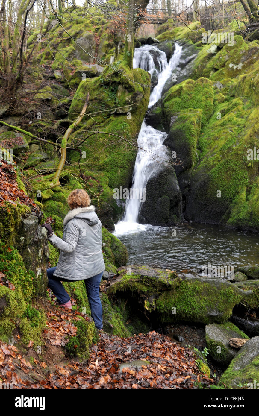 Female tourist climbing down a slippery path near Stock Ghyll Force ...