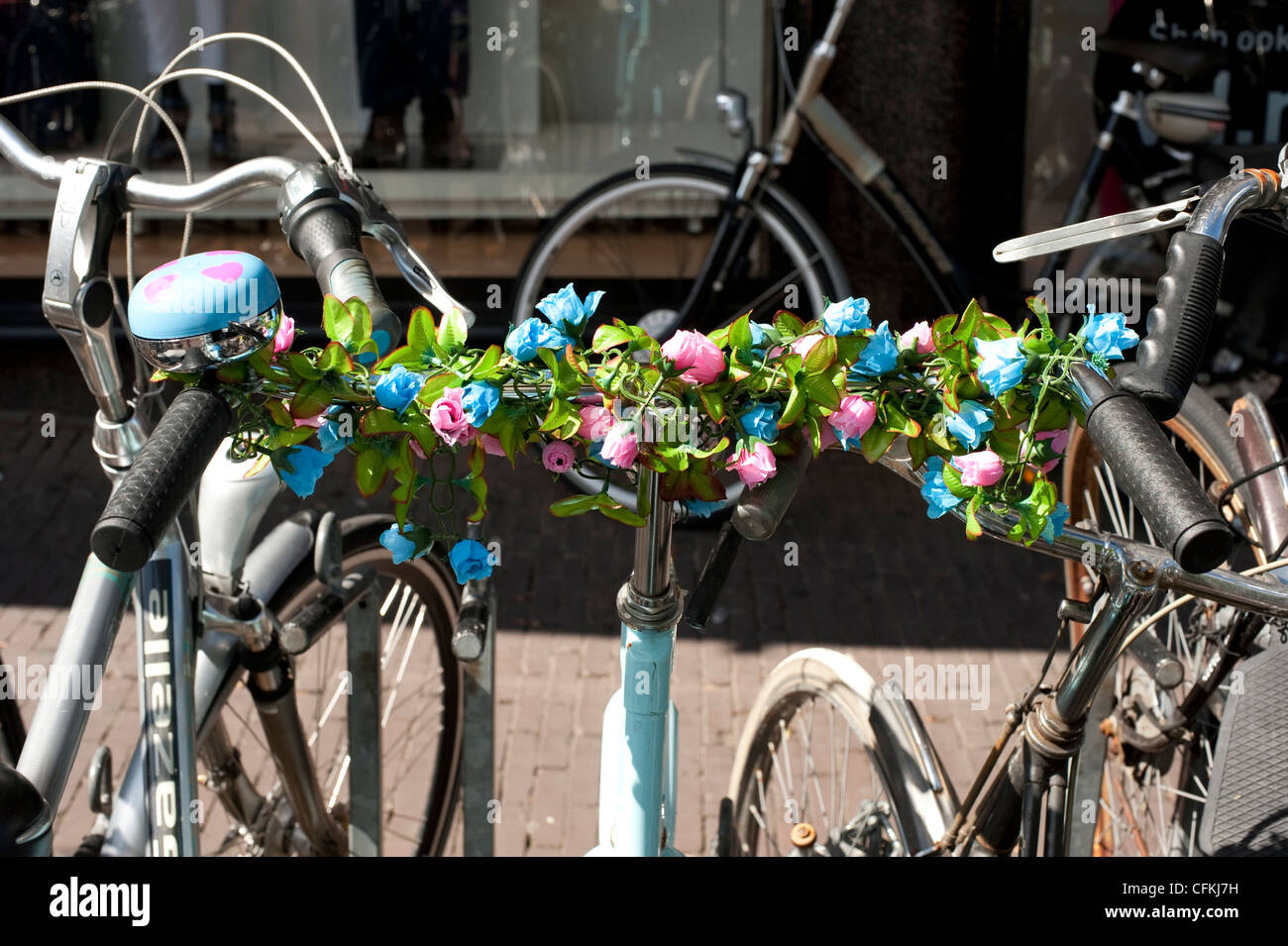 Flowers on Bicycle Handlebars Leiden Holland Netherlands Europe EU