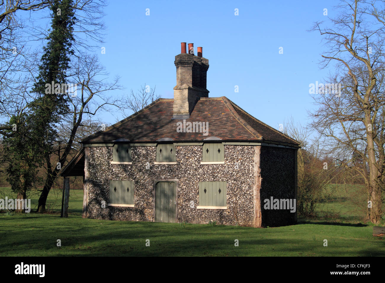 Flint Cottage, (a former gamekeeper's cottage) at Hylands park  Chelmsford Essex UK Stock Photo