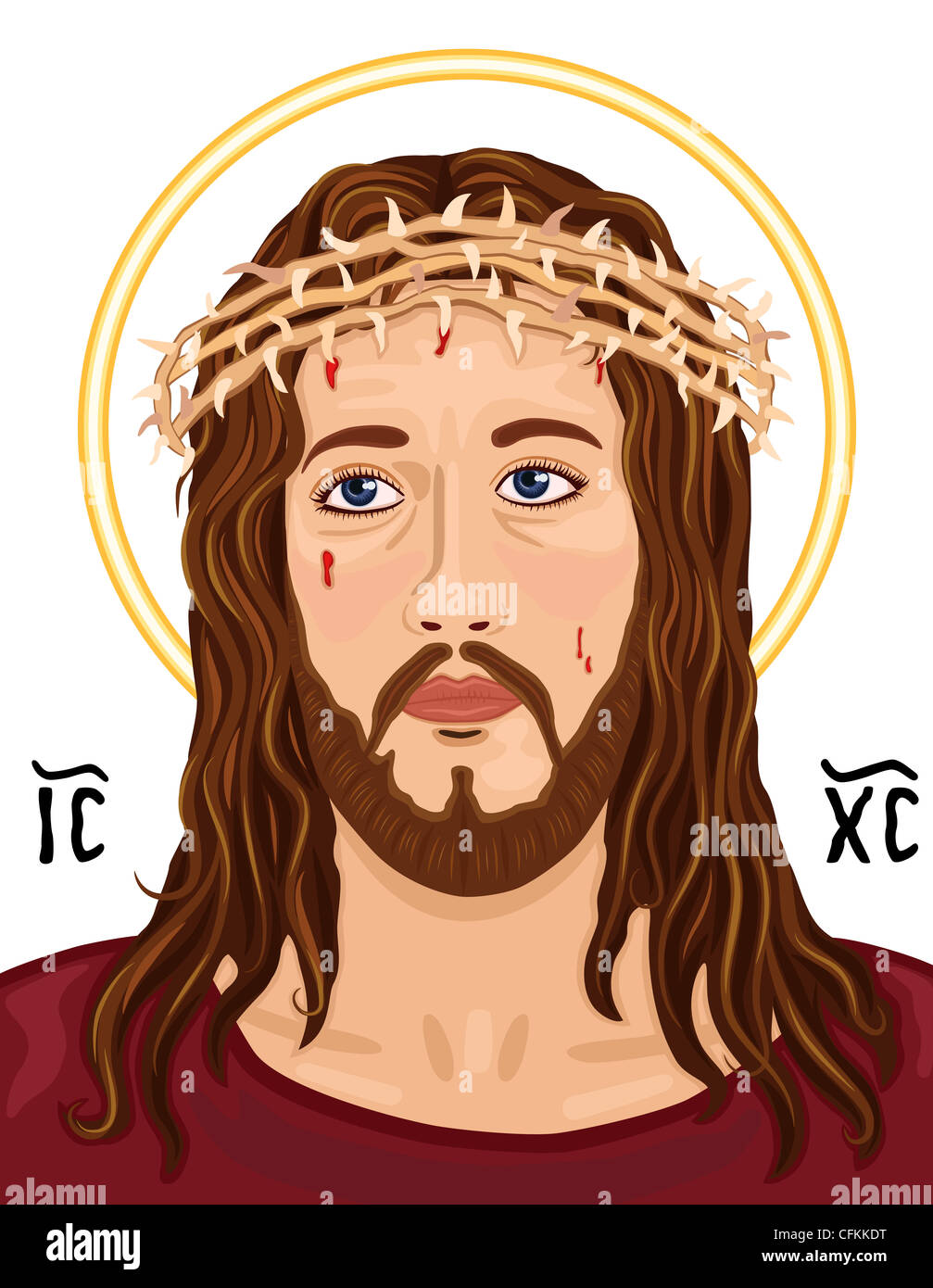 Religious Icon - portrait of Jesus Christ wearing the crown of thorns. With Greek sacred Christogram, over white background Stock Photo