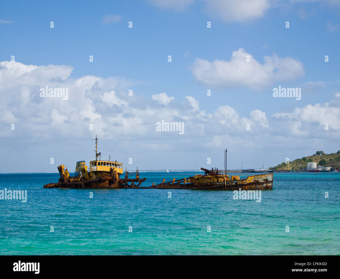 Grounded freighter in Marigot harbour in the Caribbean Stock Photo