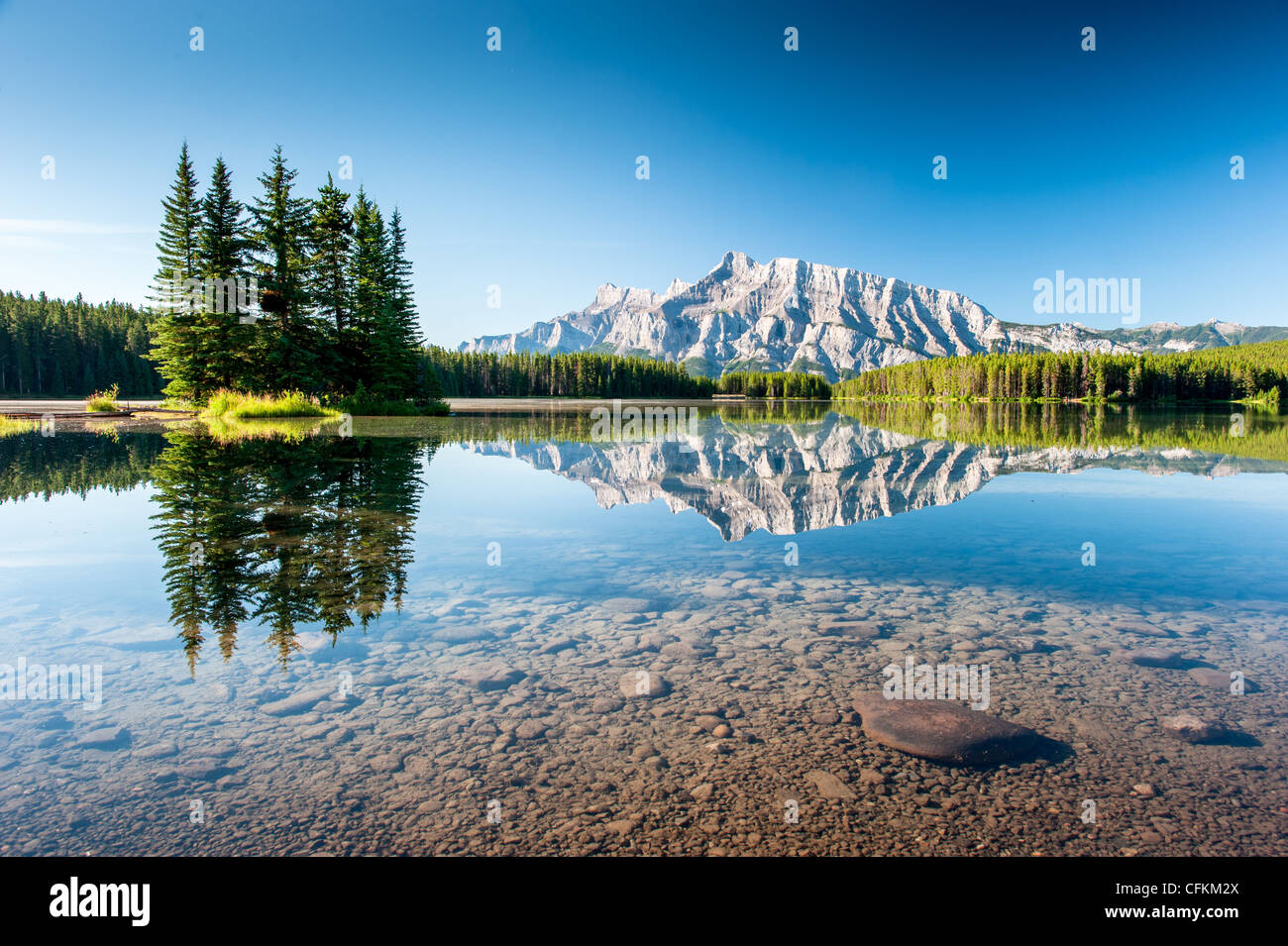 Panorama of Mount Rundle from Cascade Ponds Lake. Banff National Park, Canada Stock Photo