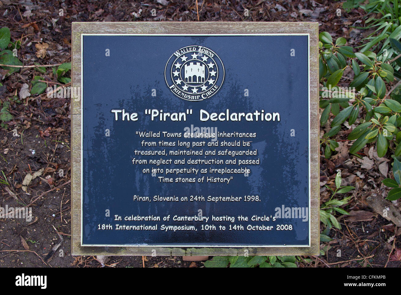 The Piran Declaration Plaque in Westgate Gardens Canterbury Kent UK Stock Photo