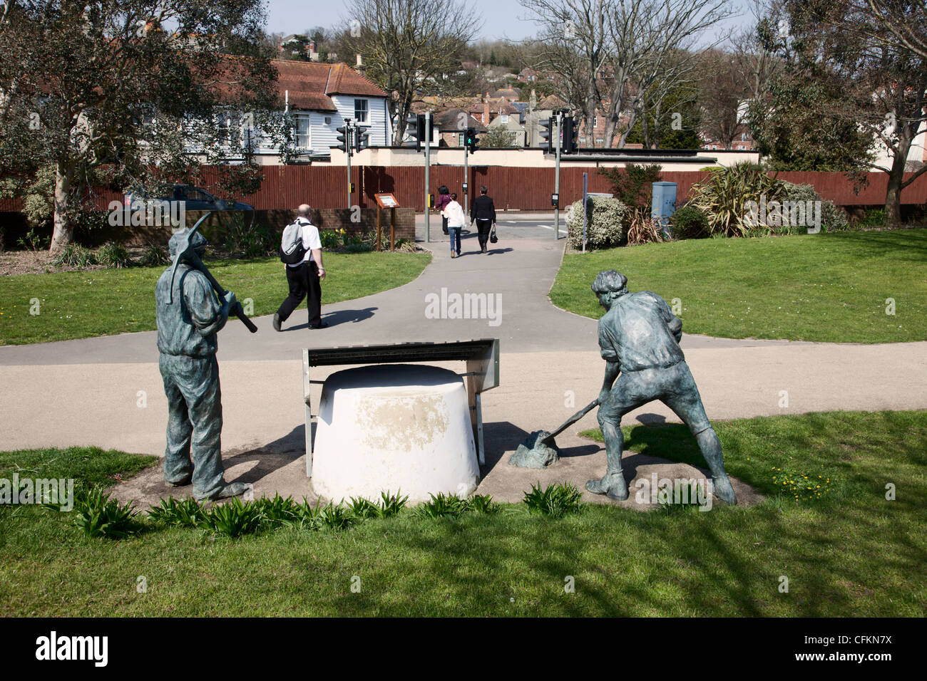 Bronze statues of 19th century navvies who built the Royal Military Canal Hythe Kent Stock Photo