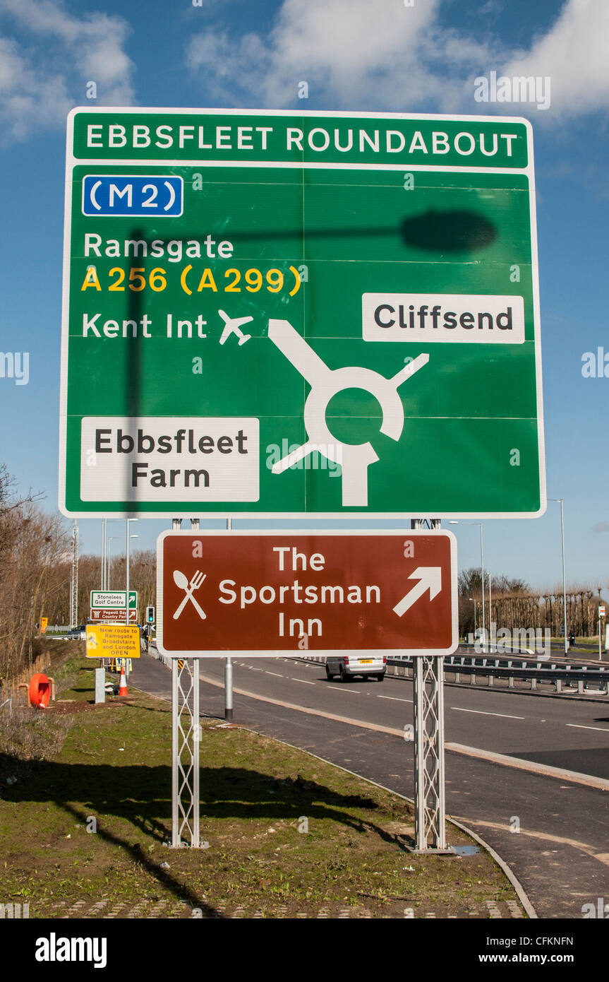 Ebbsfleet Roundabout Road Sign on the A256 to Ramsgate, Kent, UK Stock