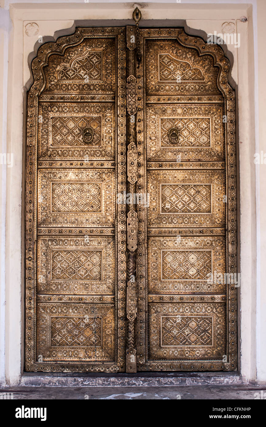 Tradtional Artwork / Metalwork Engraved Door, Jaipur, India Stock Photo