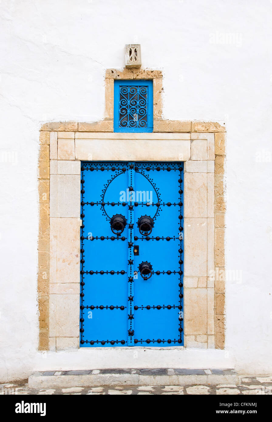 Blue door in the blue and white village of Sidi Bou Said, Tunisia Stock Photo