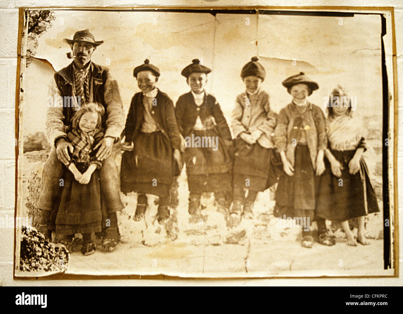 Copy of a vintage sepia photograph  of Aran Islanders wearing characteristic island dress, Stock Photo