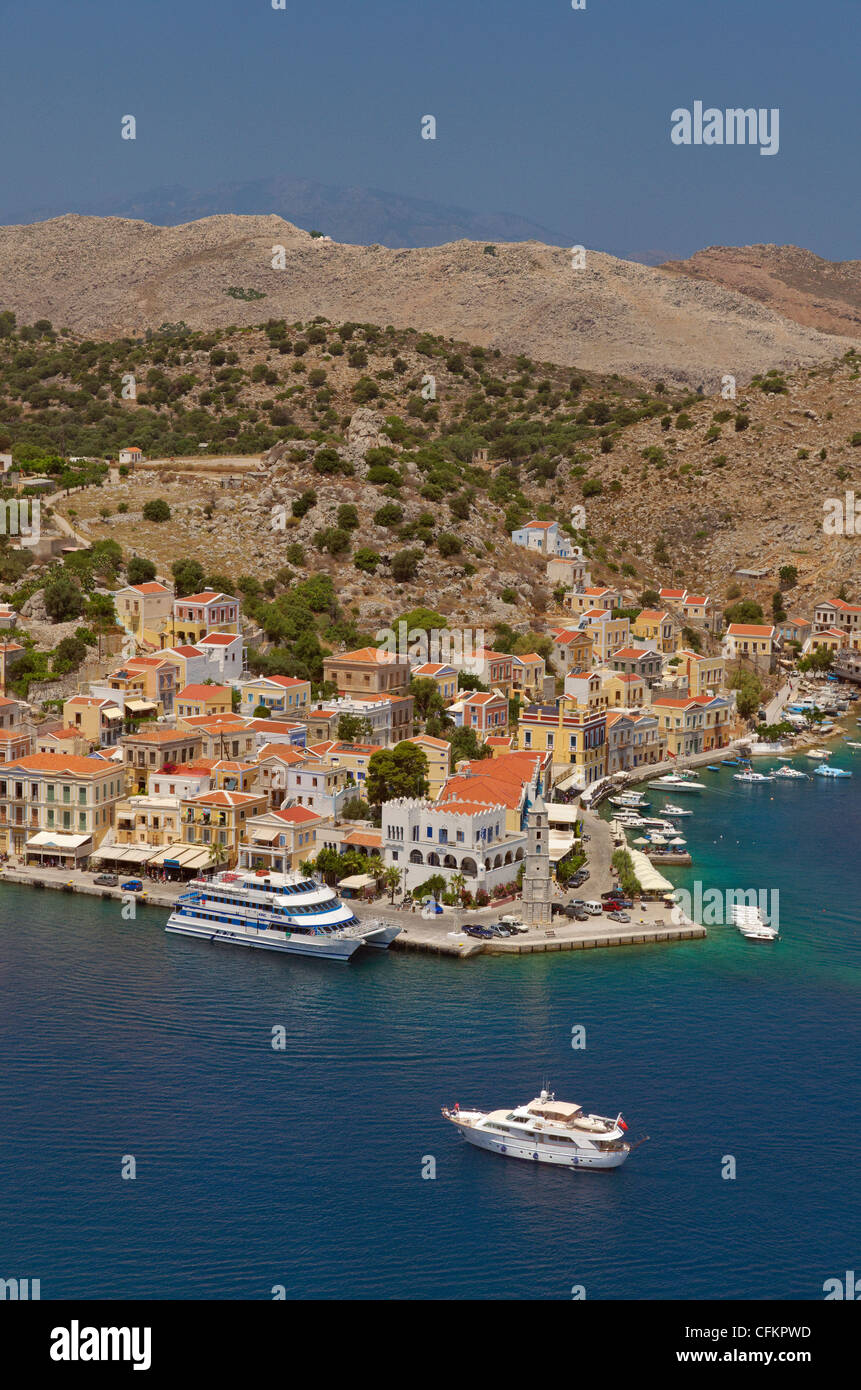 Port of Symi, Greek Island of Symi, Aegean Dodecanese Island Group, Greece. Stock Photo