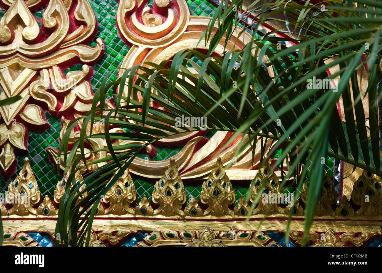 Detail of Temple decoration with palm leaves in Big Buddha Temple, Maenam Beach, Koh Samui Thailand Stock Photo