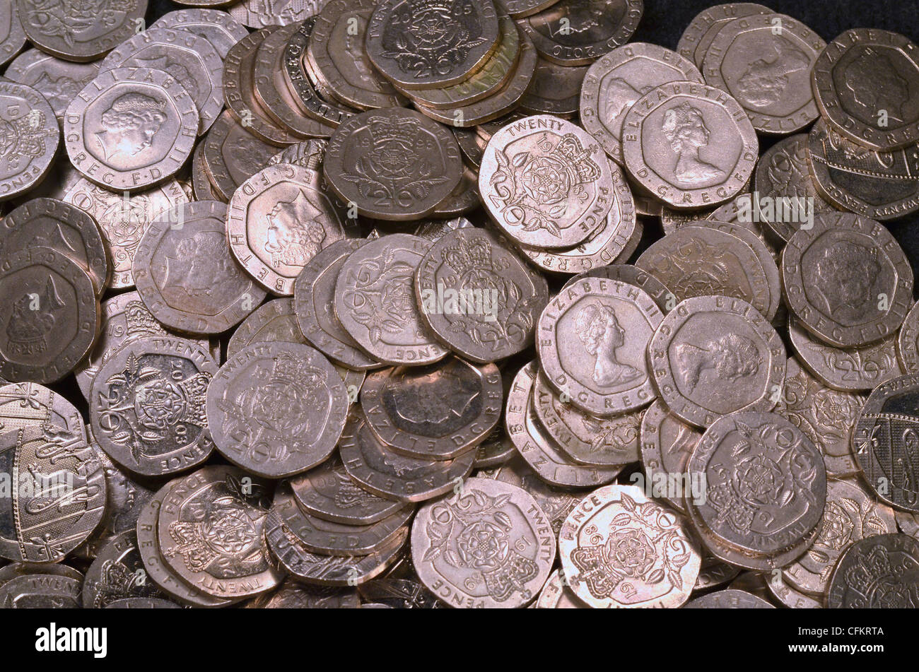 Close detail of UK twenty pence (20p) coins - wider version. Stock Photo