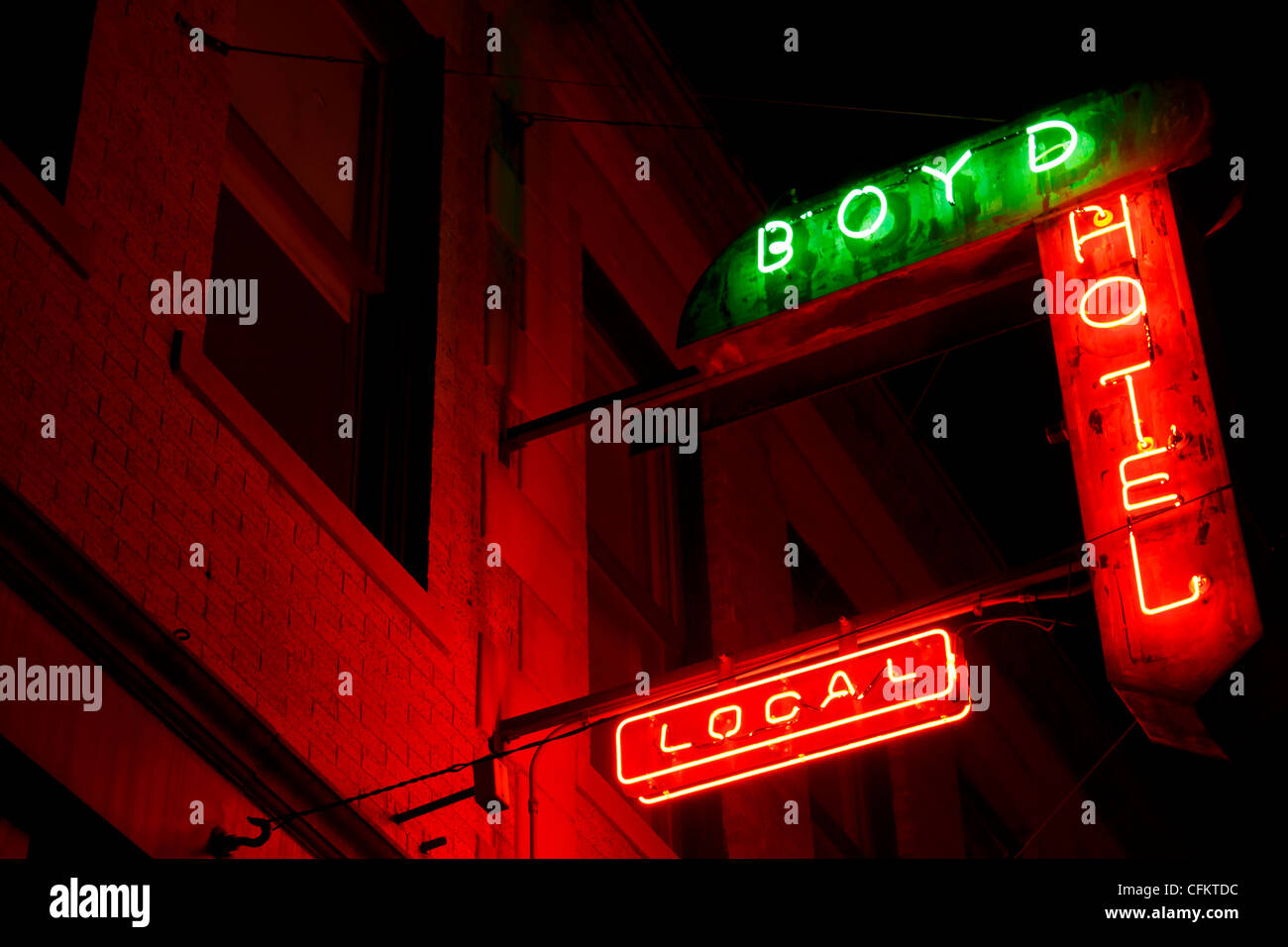 Neon lights at Boyd Hotel in Deep Ellum (Dallas, Texas). Stock Photo