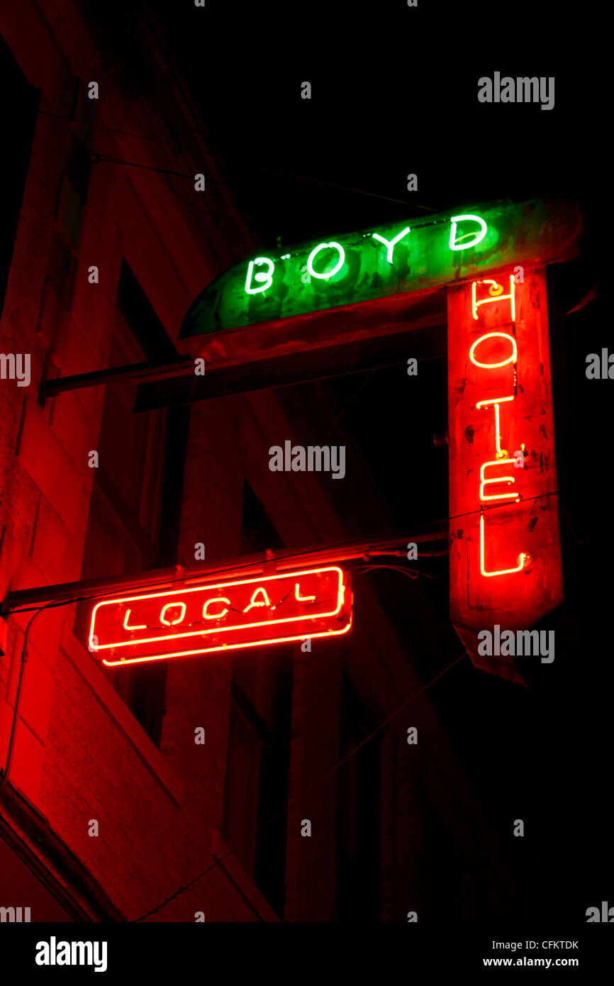Neon lights at Boyd Hotel in Deep Ellum (Dallas, Texas). Stock Photo