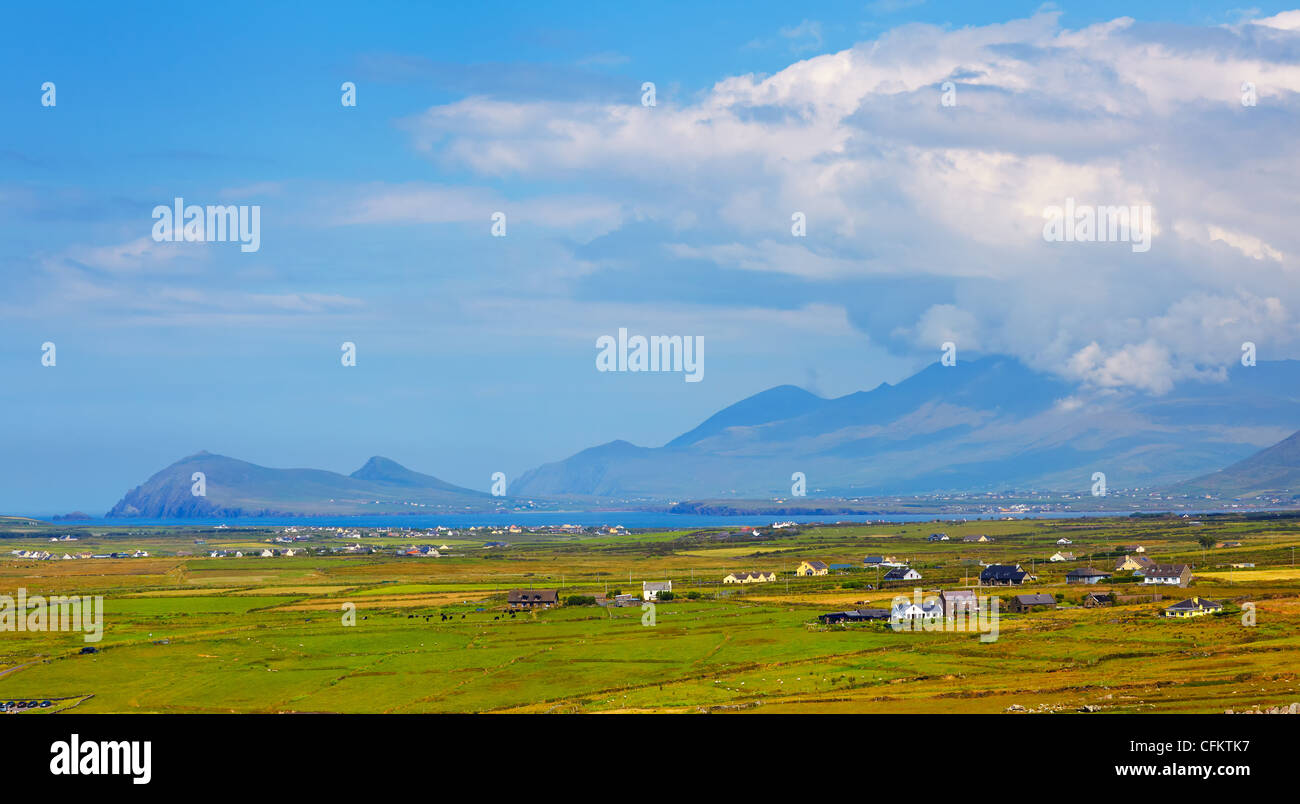 Mount Brandon hidden in the clouds and countryside of Dingle Peninsula, Ireland. Stock Photo