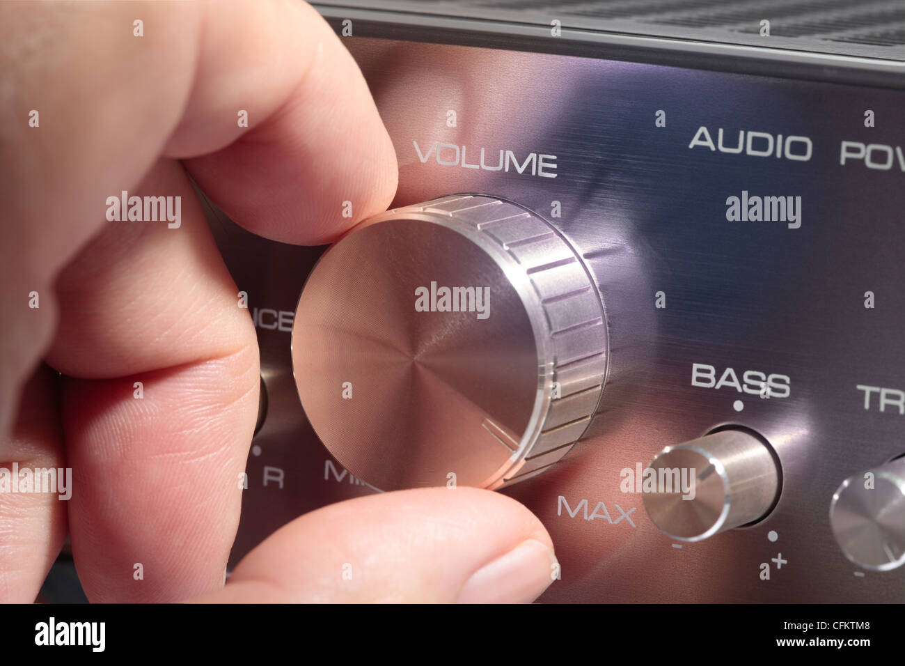Volume Control knob on amplifier turned up full Stock Photo Alamy