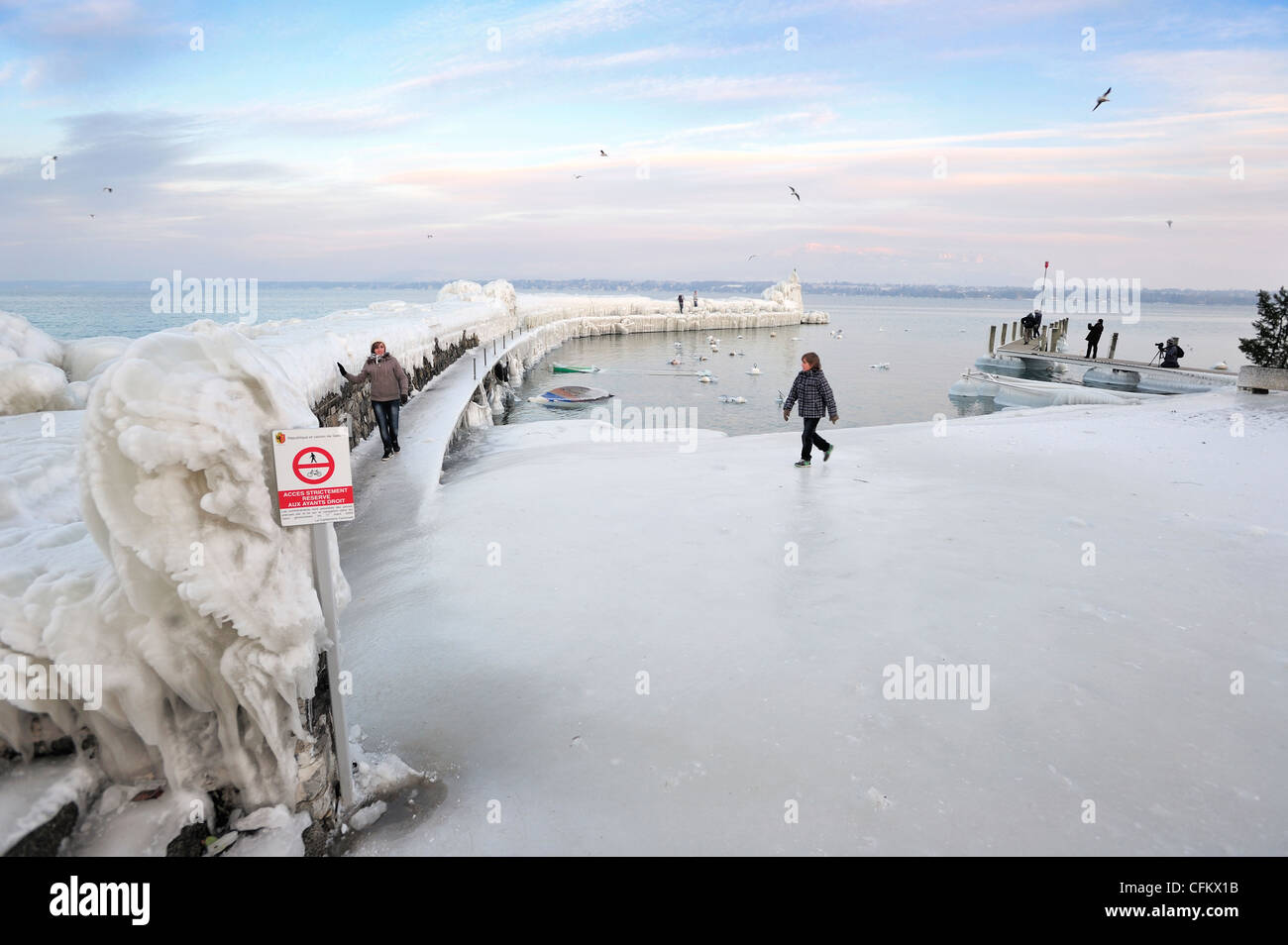 The port of Versoix, Switzerland, on Lake Geneva, after an ice storm Stock Photo