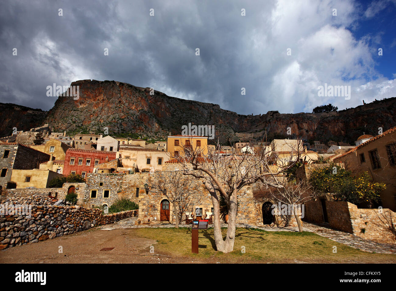 The medieval 'castletown' of Monemvasia (or 'Malvasia'), in Lakonia Prefecture, Peloponnese, Greece Stock Photo