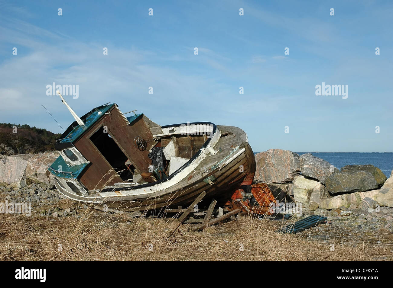Shipwreck on a beach in Kristiansund, Norway, Scandinavia Stock Photo