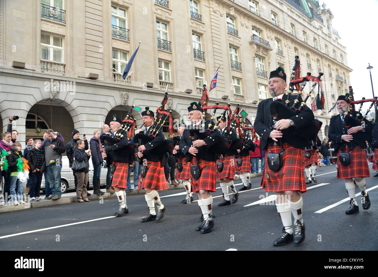 St Patrick's Day parade, London 2012 Scottish bagpiperock band Stock