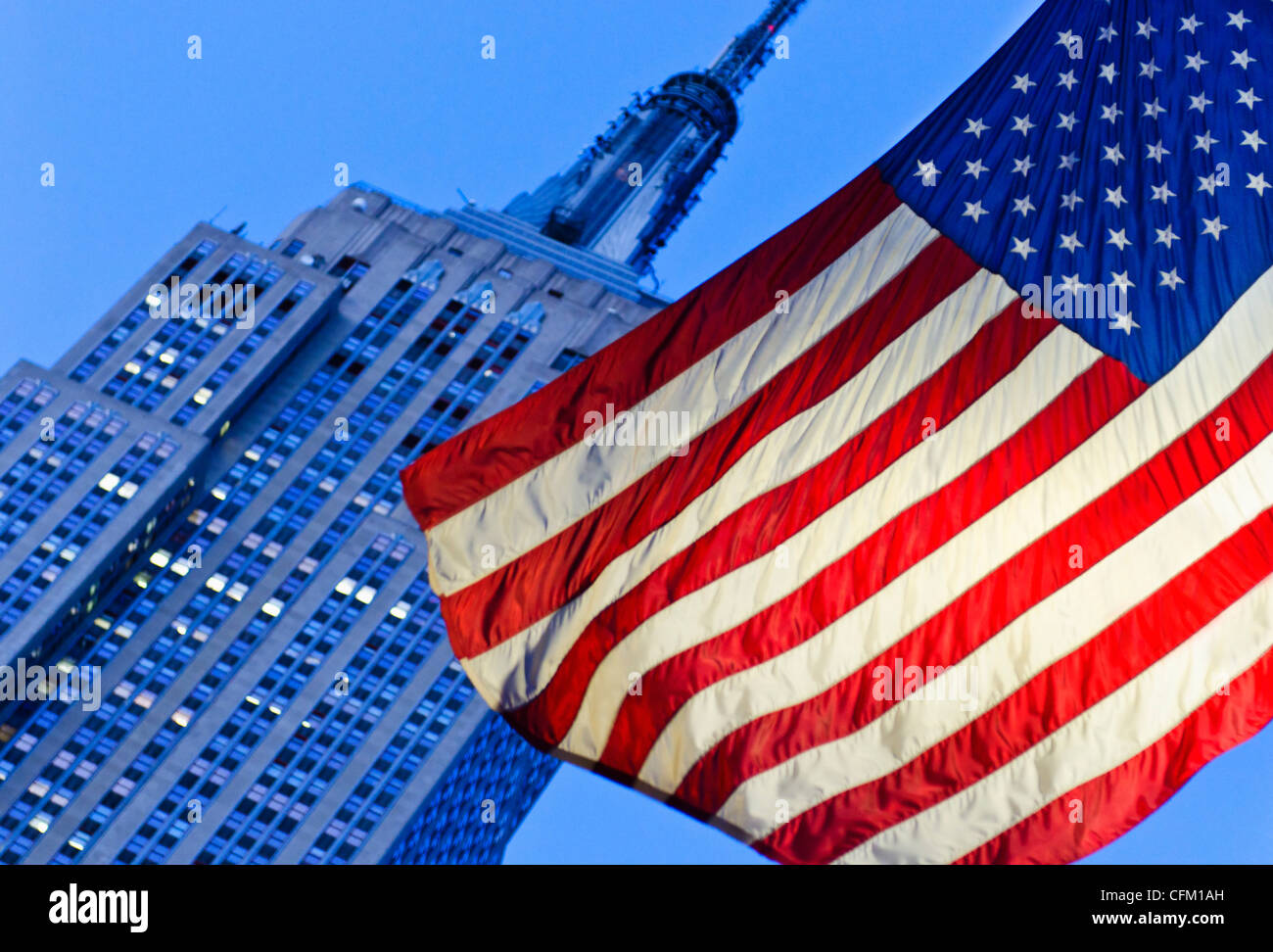 USA, New York State, New York City, American flag with Empire State