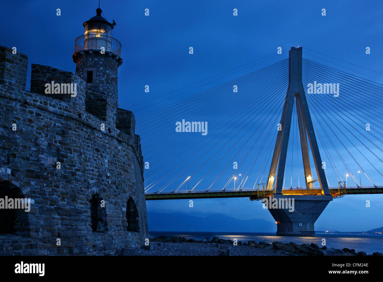 The Rion- Antirion cable bridge and the castle of Antirion with its lighthouse. Etoloakarnania, mainland Greece. Stock Photo