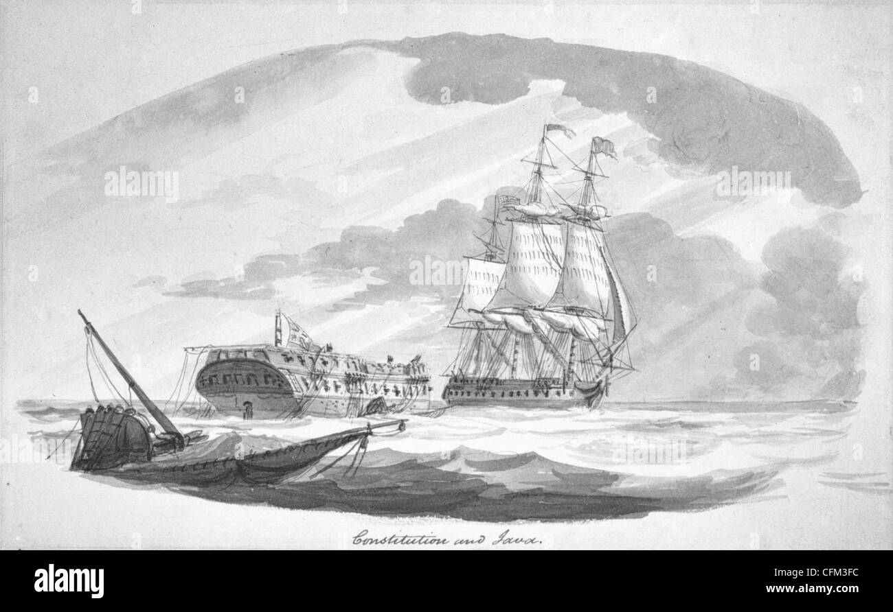 USS Constitution and HMS Java off the coast of Salvador, Brazil (1813) after Constitution victory during War of 1812 Stock Photo