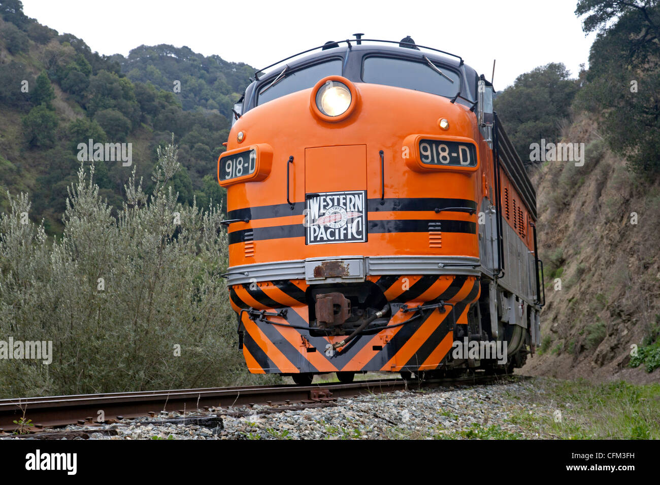 Western Pacific locomotive 918D in Niles Canyon near Sunol, California. Stock Photo