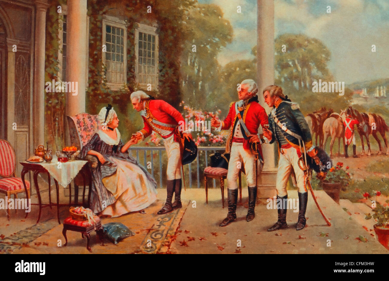 Mrs Murray's Strategy - Mrs. Murray entertaining British soldiers, on porch, during the American Revolution. Stock Photo