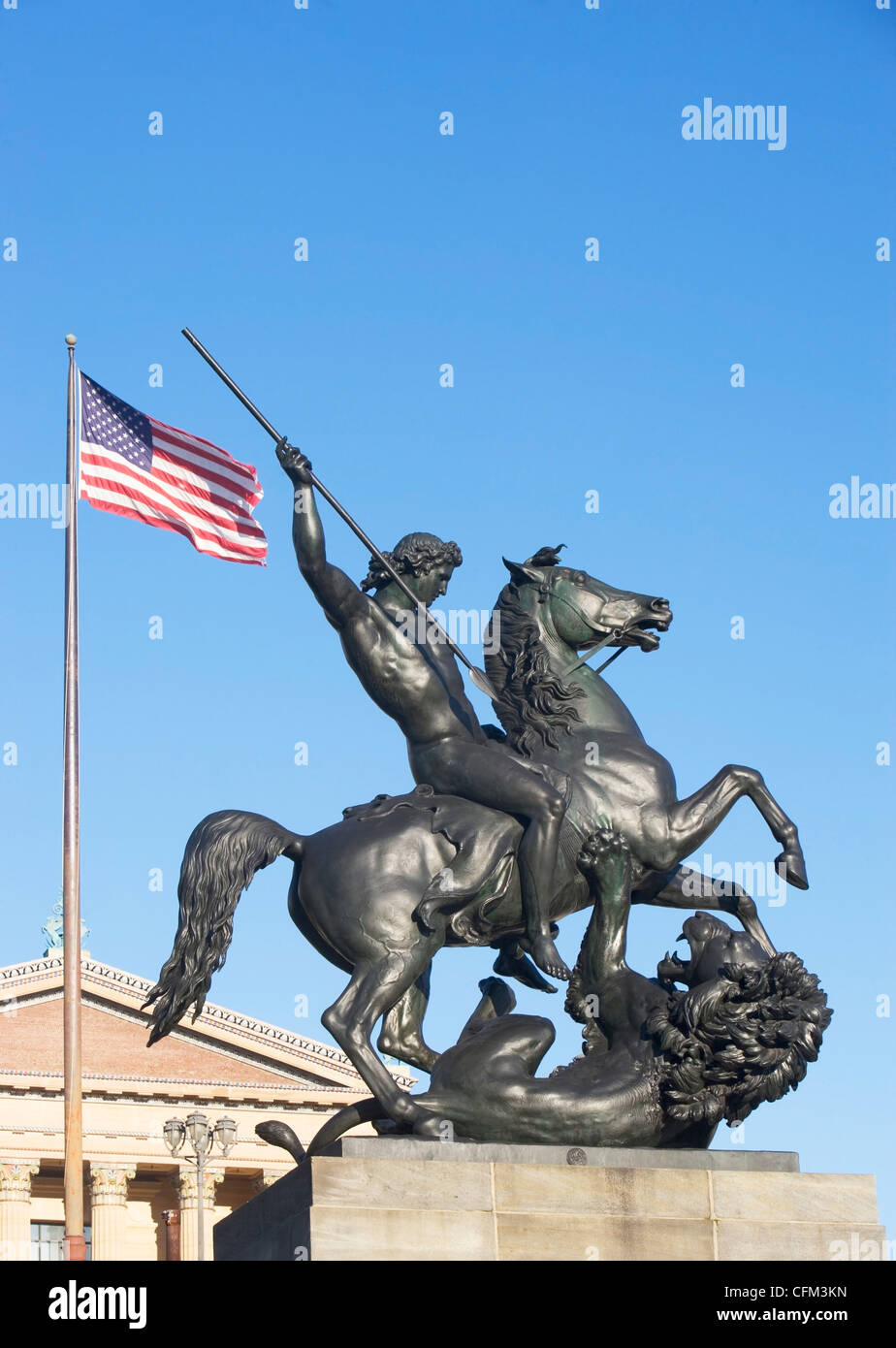 USA, Pennsylvania, Philadelphia, low angle view at statue in front of Philadelphia Museum Of Art Stock Photo