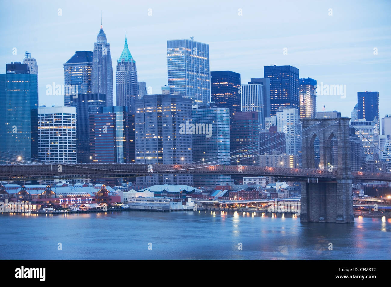 USA, New York state, New York city, Brooklyn Bridge and cityscape at night Stock Photo