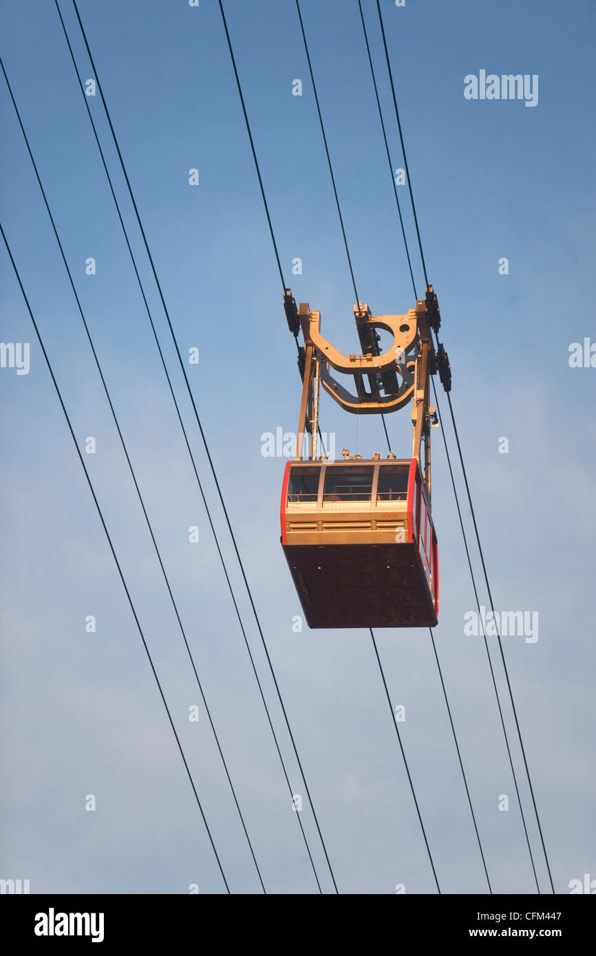 USA, New York, New York City, Manhattan, Overhead cable car against blue sky Stock Photo