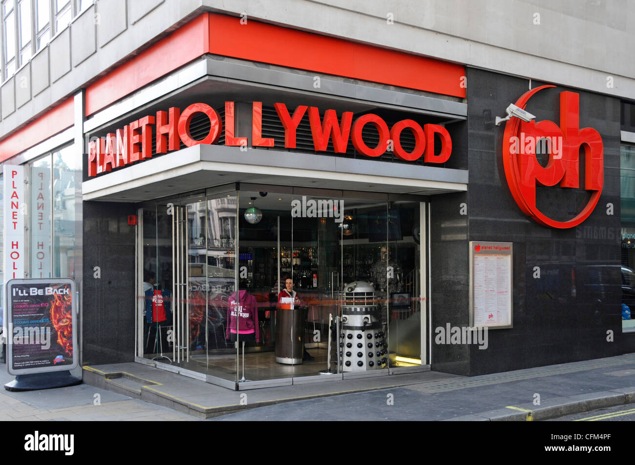 Planet Hollywood restaurant entrance with Dalek on corner site Haymarket West End London England UK Stock Photo