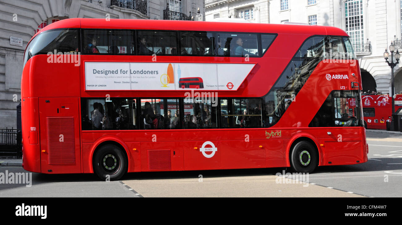 Side view double decker red London bus variously referred to as New Routemaster or Boris bus in Piccadilly Circus West End London England UK Stock Photo