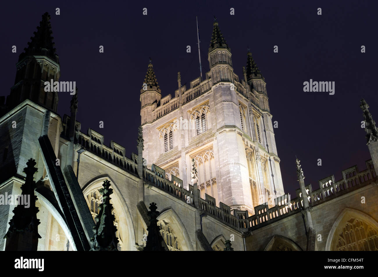 Bath Abbey lit up at night by artificial lighting Stock Photo