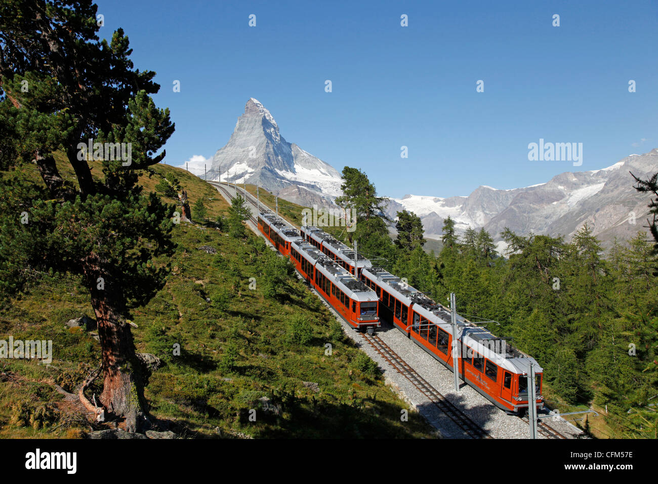 Prestige Onaangeroerd Metalen lijn Gornergrat Railway in front of the Matterhorn, Riffelberg, Zermatt, Valais,  Swiss Alps, Switzerland, Europe Stock Photo - Alamy