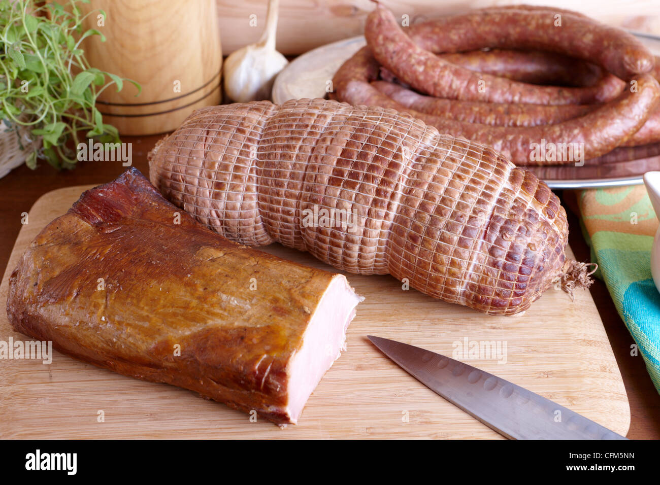 Natural prepared slow food cured pork shoulder which looks similar to