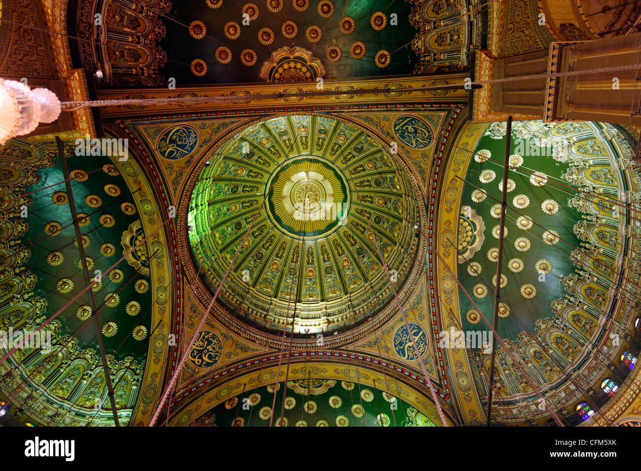 Cairo. Egypt. View of the opulently decorated ceiling and domes of the Ottoman Turkish styled Mohammed Ali Mosque at the Stock Photo