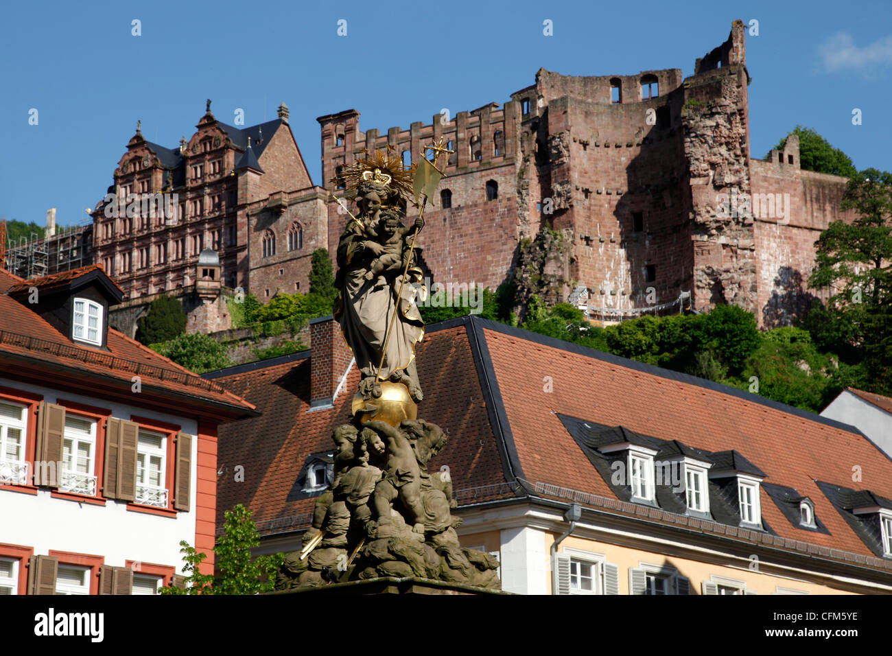 View from Kornmarkt to castle, Heidelberg, Baden-Wurttemberg, Germany, Europe Stock Photo