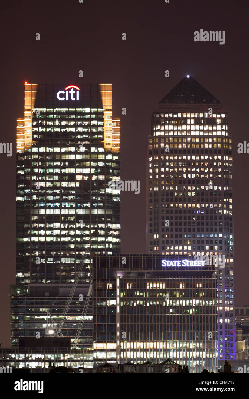 Canary Wharf financial district at night, London, UK Stock Photo
