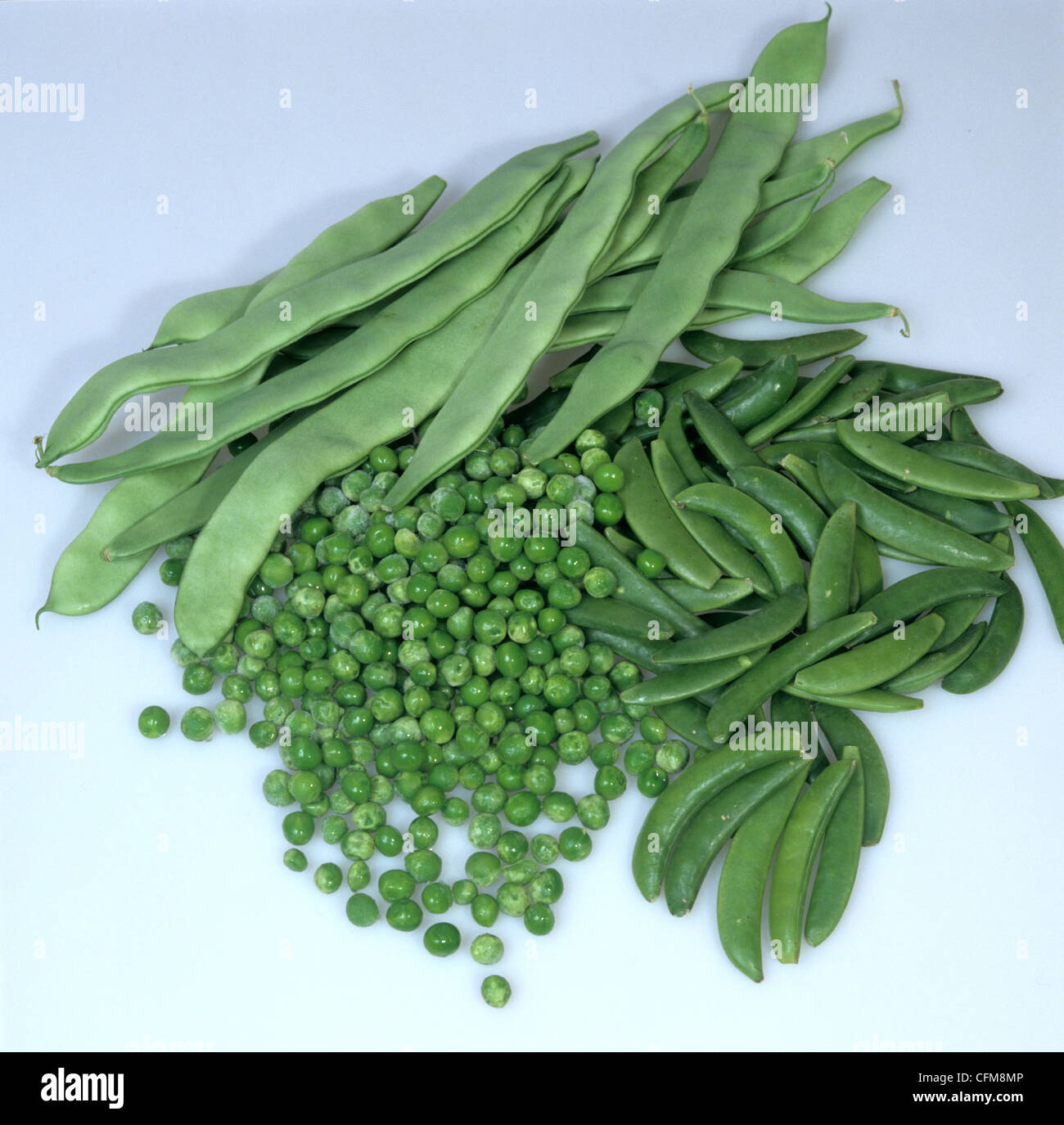Peas, flat beans, sugar snap peas, snow peas, supermarket vegetables Stock Photo