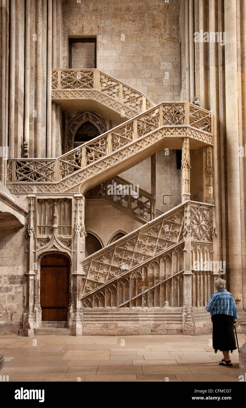Lady with walking stick looking at Booksellers' Staircase, Rouen Cathedral, Rouen, Upper Normandy, France, Europe Stock Photo