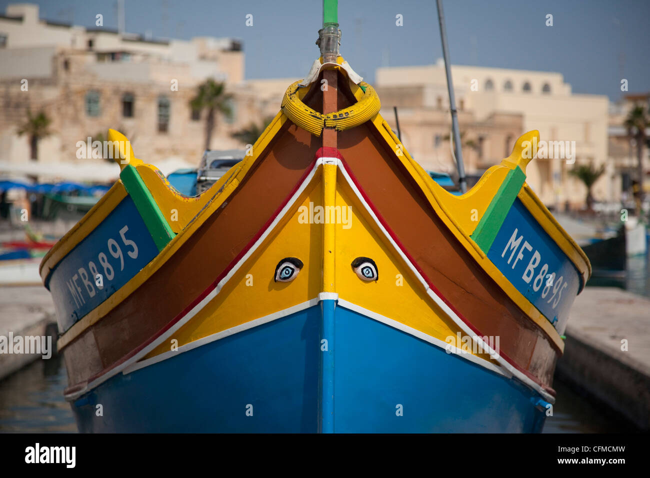 Fishing boat with Eyes of Osiris on bow, Marsaxlokk, Malta, Mediterranean, Europe Stock Photo