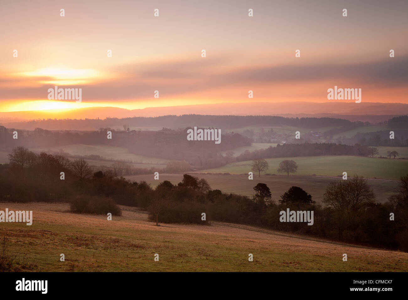 Newlands Corner view at dawn, near Guilford, Surrey Hills, North Downs, Surrey, England, United Kingdom, Europe Stock Photo