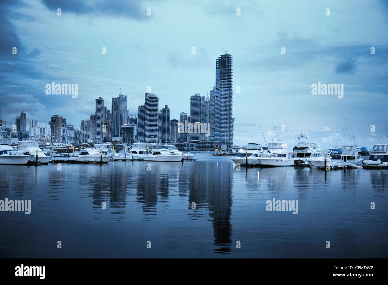 Panama, Panama City, Boats with skyline in background Stock Photo