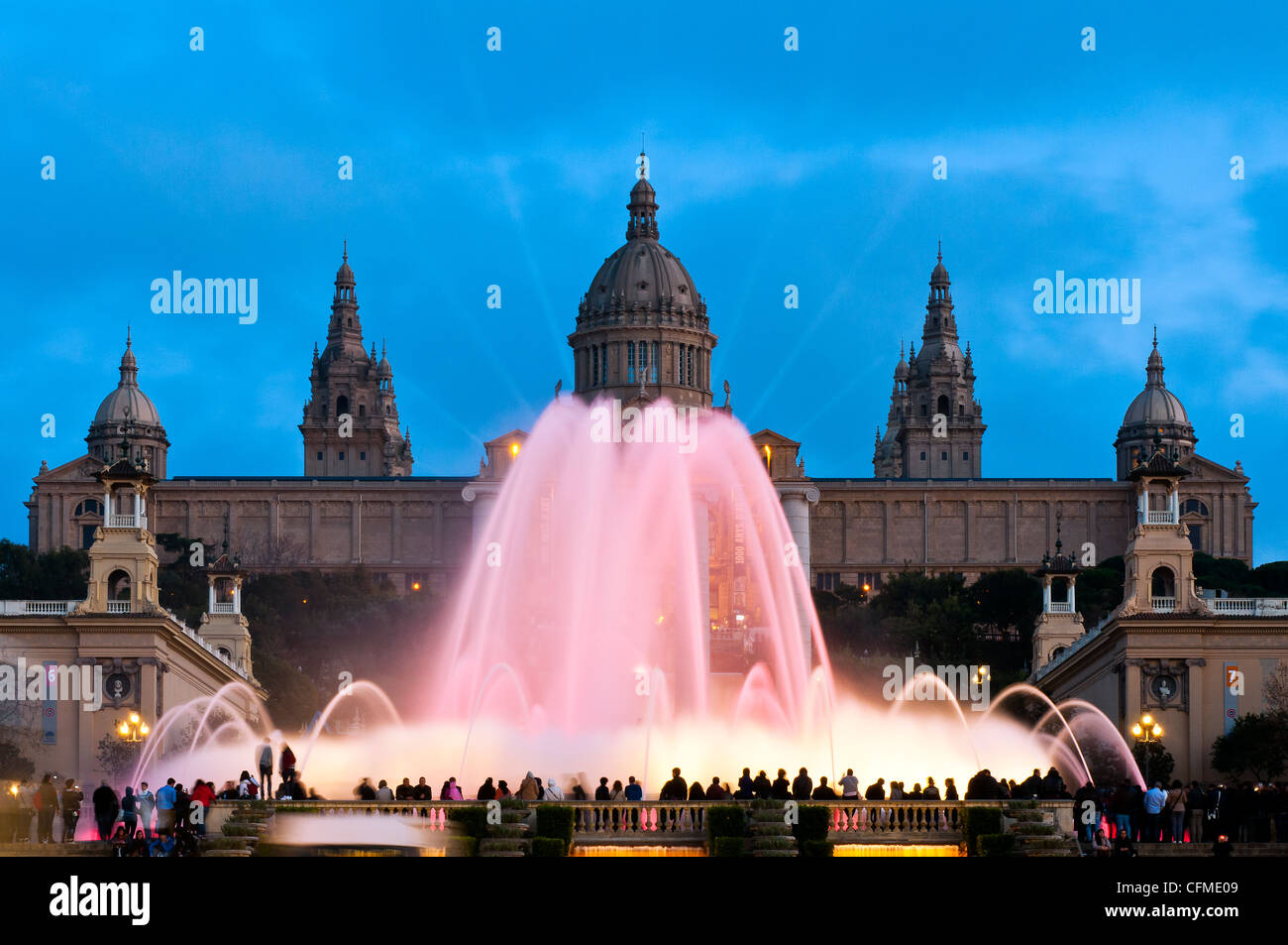 Font Magica or Magic Fountain with Palau Nacional in the background, Barcelona, Catalonia, Spain Stock Photo