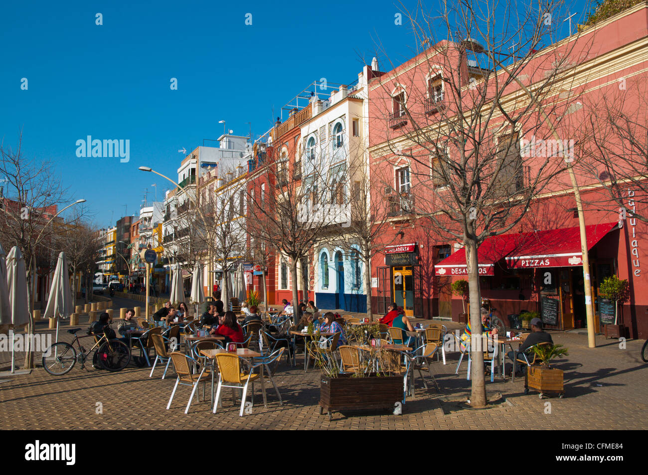 Cafe terrace during winter Alameda de Hercules square central Seville